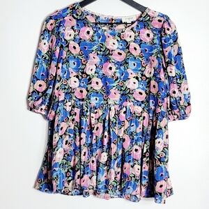 Umgee Floral Print Metallic Thread Puff Short Sleeves Peplum Women Blouse Size S